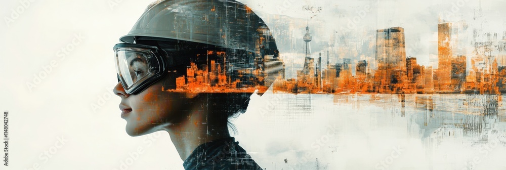 Poster profile of a safety professional in helmet and goggles against an abstract city skyline with ample c