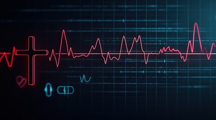 Obraz premium Heartbeat Monitor Graphic Featuring Cross Symbol and Various Medical Icons Representing Health, Vital Signs, and Emergency Care in a Digital Setting