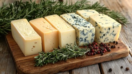 Assorted cheeses, herbs, and peppercorns on a wooden board.