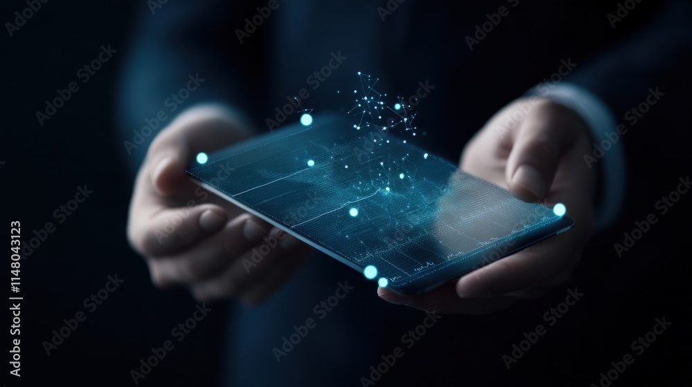 Poster Business Professional Holding Tablet with Data Visualizations and Digital Graphs Depicting Analytics and Technology in a Modern Environment