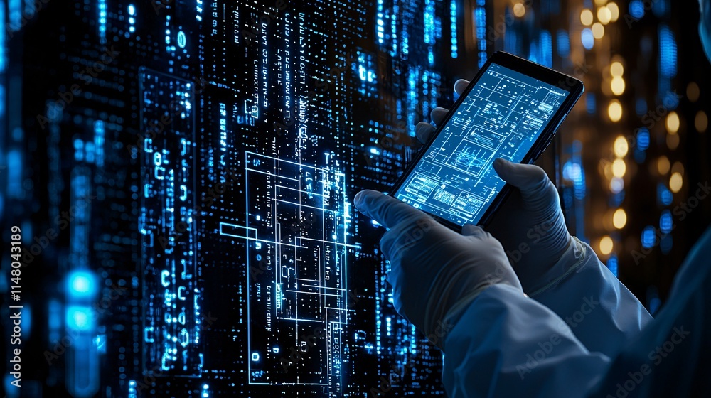 Poster close-up of a futuristic handheld diagnostic device used by a healthcare professional for rapid pati