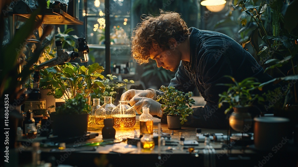 Poster technician observing chemical reactions in a diagnostic test tube with a laboratory background stock