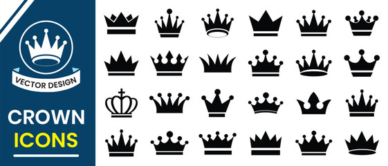 Crown icons, vector set. Crown vector, silhouette, icon. Crown symbol set. King, Princess crowns. Collection of crown silhouette. Vector illustration.