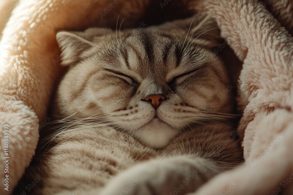 Poster sleeping tabby cat wrapped in fuzzy blanket.