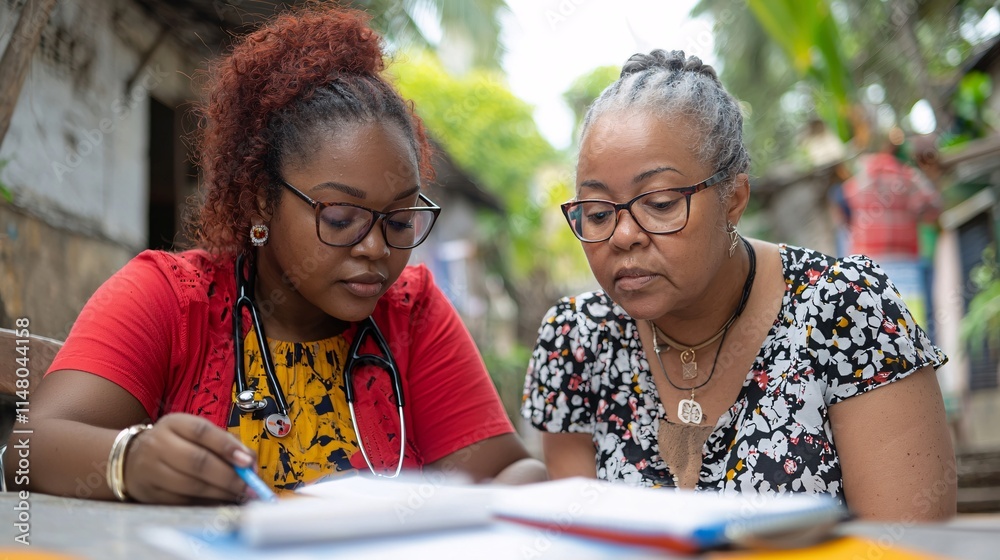 Poster Healthcare professional demonstrating how to use a portable diagnostic device in a community health program Stock Photo with side copy space