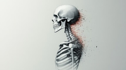 Thought-Provoking Artistic Representation of a Skeleton Head Disintegrating, Blending Anatomy and Abstract Elements in a Unique Conceptual Design