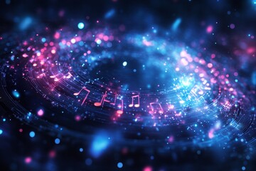 Obraz premium Musical notes flowing and creating a colorful cosmic ring in a nebula, a perfect background for music related projects