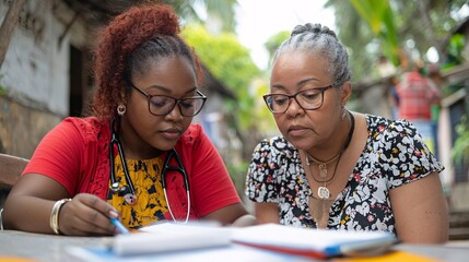 Healthcare professional demonstrating how to use a portable diagnostic device in a community health program Stock Photo with side copy space
