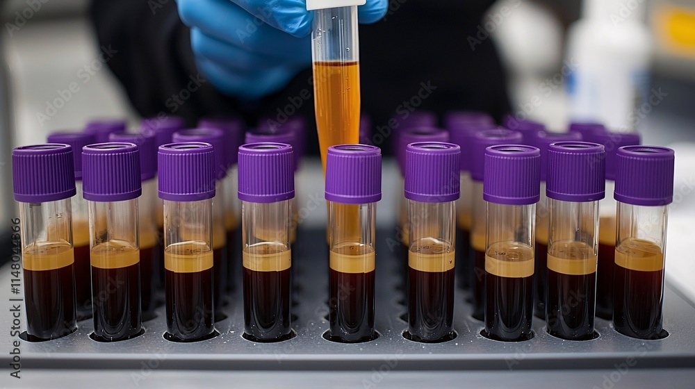 Poster Close-up of diagnostic lab samples being labeled and organized by an automated machine for faster processing Stock Photo with side copy space