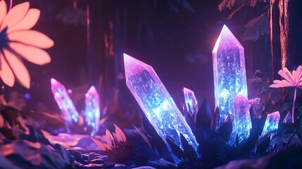 Glowing Blue Crystals in a Fantasy Forest, Cartoon Style. AI generated illustration