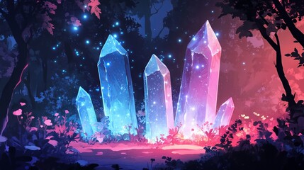 Glowing Blue Crystals in a Fantasy Forest, Cartoon Style. AI generated illustration