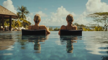 Two women relax in infinity pool overlooking ocean view.