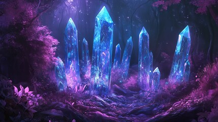 Glowing Blue Crystals in a Fantasy Forest, Cartoon Style. AI generated illustration
