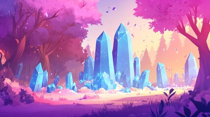 Glowing Blue Crystals in a Fantasy Forest, Cartoon Style. AI generated illustration