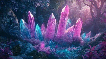 Glowing Blue Crystals in a Fantasy Forest, Cartoon Style. AI generated illustration
