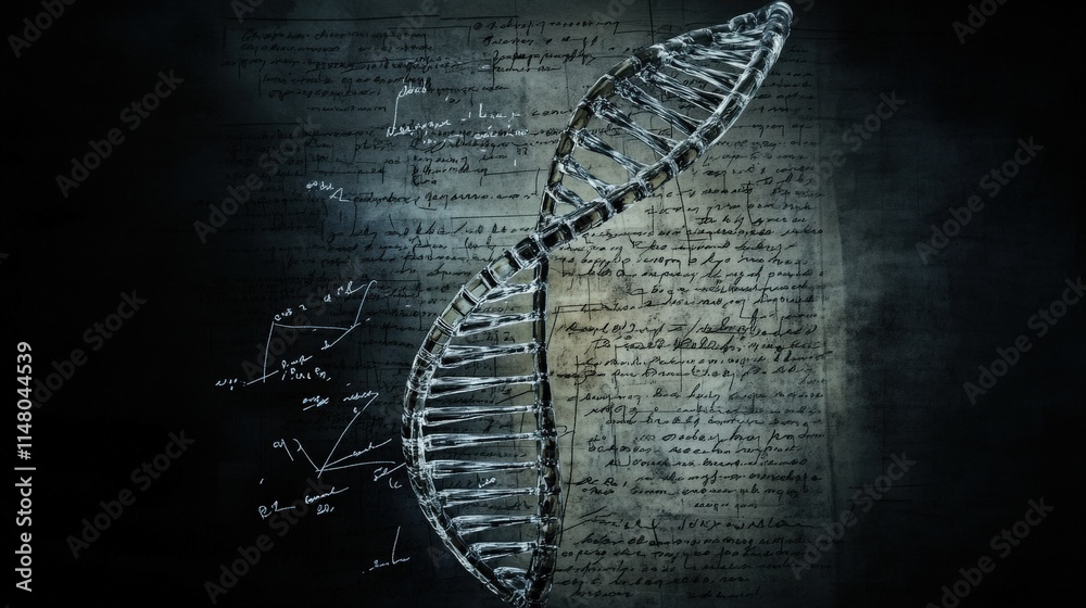 Poster Artistic Representation of DNA Helix with Mathematical Notes and Handwritten Text in Mysterious Background for Science and Research Themes