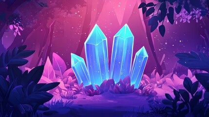 Glowing Blue Crystals in a Fantasy Forest, Cartoon Style. AI generated illustration