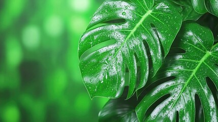 Fototapeta premium Lush Dew-Kissed Monstera Leaves in Vibrant Green Rainforest Setting