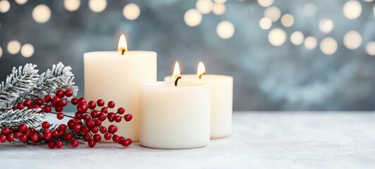Festive candle arrangement with berries cozy setting holiday decor warm ambiance close-up tranquility