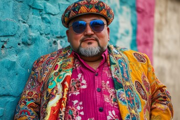 Obraz premium Portrait of a fashionable man wearing traditional patterned clothing and sunglasses