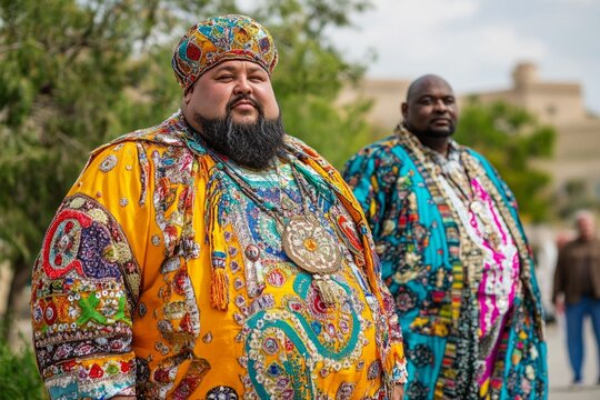 Polygamist preachers wearing colorful religious clothes stand side by side