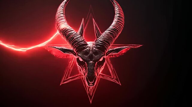 Dark and striking representation of a goat skull with horns against a red pentagram and lightning background