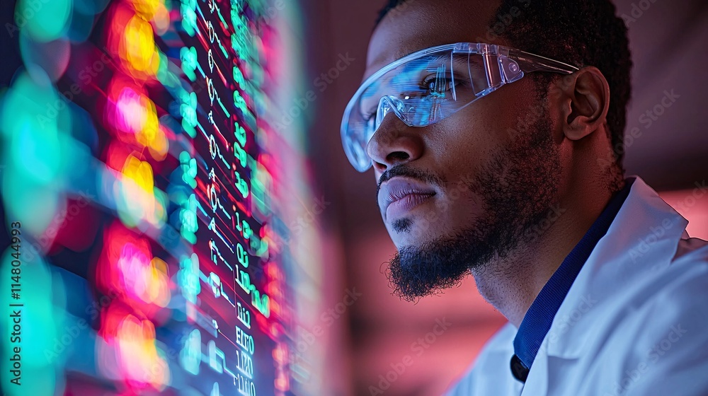 Poster Graphic representation of DNA sequences in the background of a lab technician conducting genetic diagnostics Stock Photo with side copy space