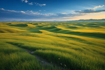 Obraz premium grassy field with yellow flowers and a dirt path in the middle