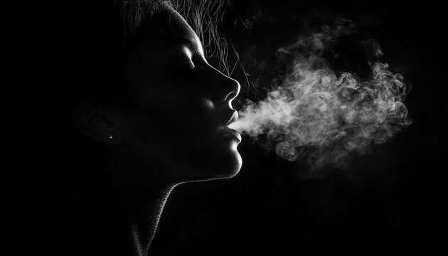 silhouette of a person smoking a cigarette. black and white of woman exhaling smoke