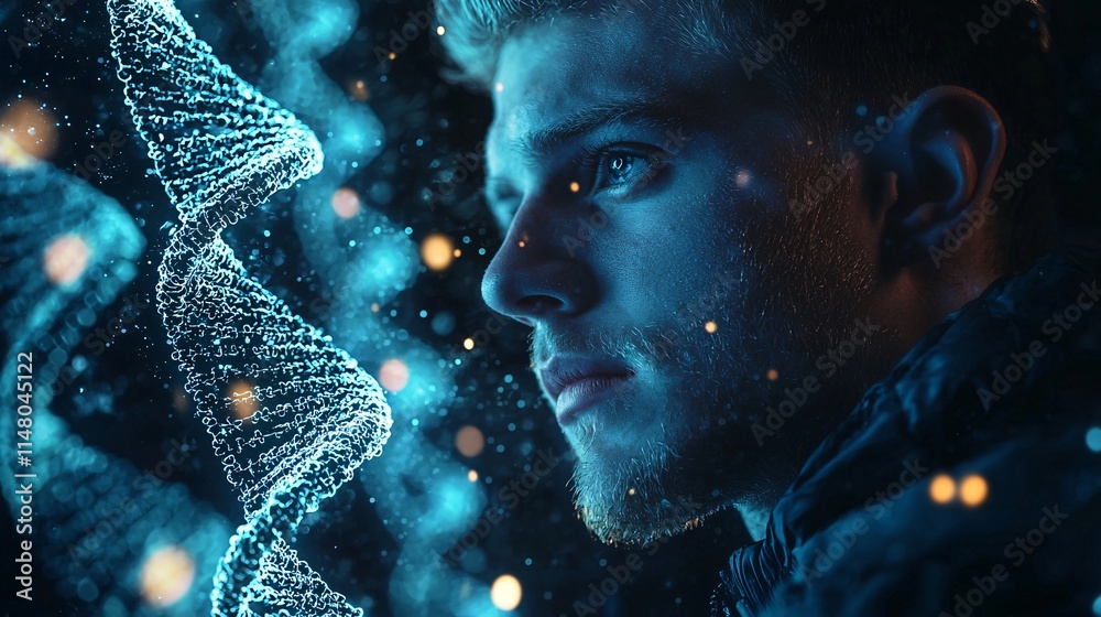 Poster Graphic representation of DNA sequences in the background of a lab technician conducting genetic diagnostics Stock Photo with side copy space