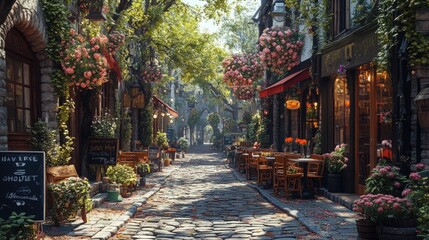 Fototapeta premium Flower-filled cobblestone street, charming shops.
