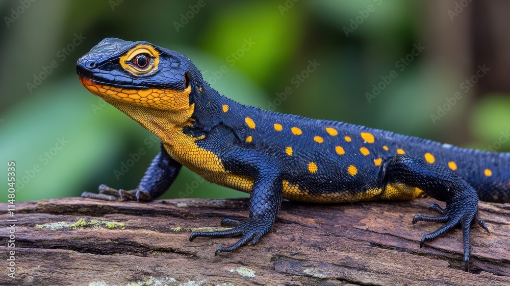 Poster Orange-spotted lizard resting on a log in a forest setting.