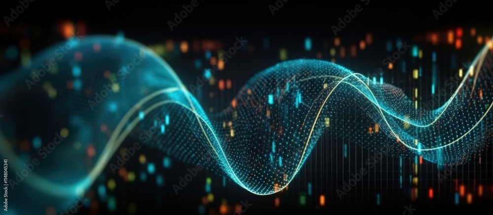 Poster futuristic data stream with abstract waves and colorful particles, digital waves representing techno