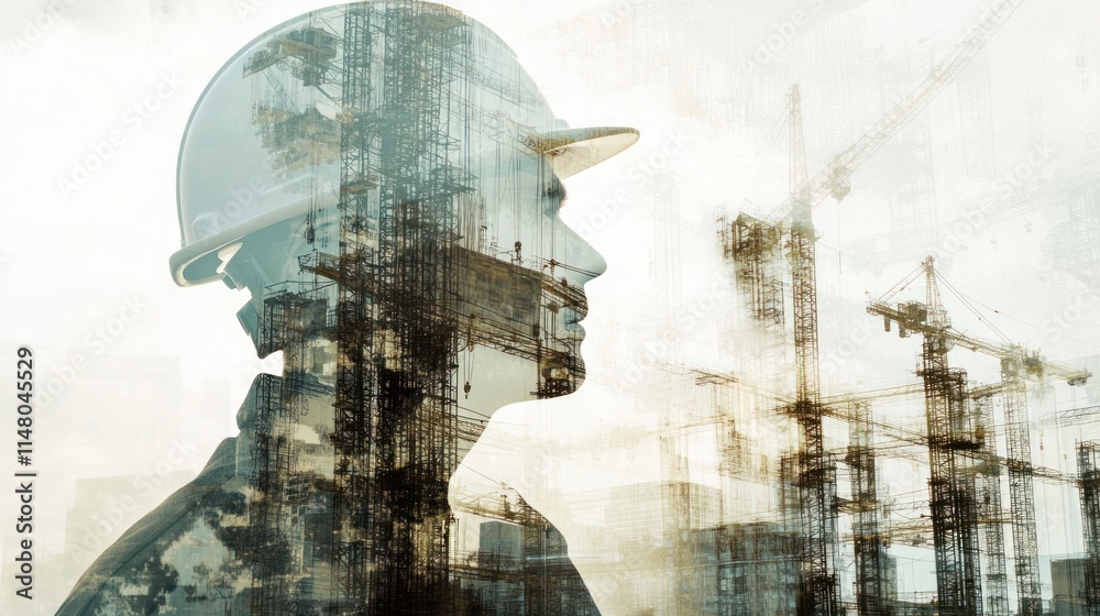 Poster profile view of worker with construction site double exposure.