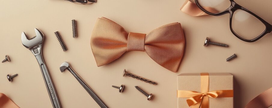 Special Father's Day surprises highlight top view of necessary tools, adjustable wrench, screws, nuts, screwdriver, elegant necktie, giftbox with ribbon bow, and glasses on neutral beige background
