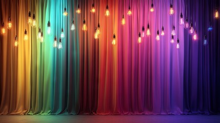 Stage with Rainbow-Colored Curtains and Hanging Light Bulbs: Festive Atmosphere. AI generated illustration