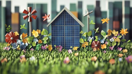 Obraz premium Material renewal through recycling concept A vibrant house surrounded by colorful flowers and greenery.