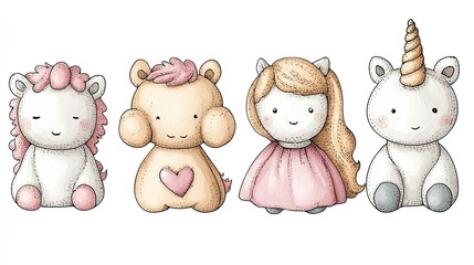 Cute cartoon characters featuring a unicorn, a pony, a girl, and another unicorn.