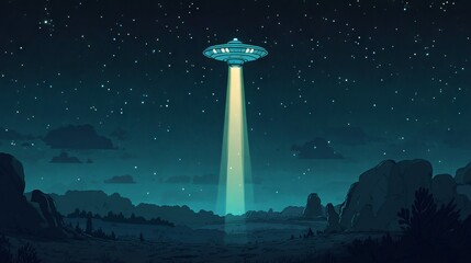 UFO Alien Spacecraft Flying in Starry Sky with Light Beam: Cartoon Style. AI generated illustration