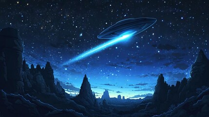 UFO Alien Spacecraft Flying in Starry Sky with Light Beam: Cartoon Style. AI generated illustration