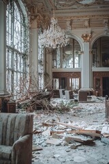 Abandoned interior of a grand hall with debris and overgrown plants in a once elegant building