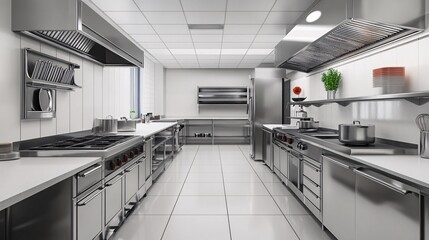 Modern Commercial Kitchen Interior with Stainless Steel Equipment and Bright Lighting