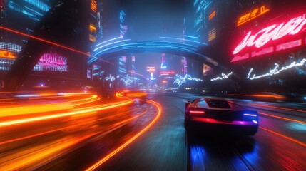 Cyberpunk Cityscape Futuristic Car Speeds Through Neon Nightscape