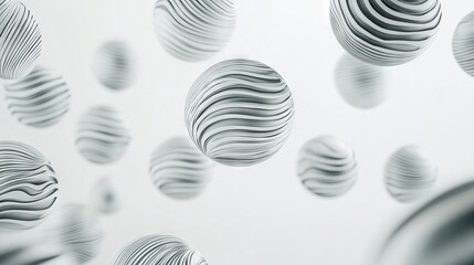 A collection of floating 3D spheres with striped patterns in a minimalist monochrome style, set against a light background.