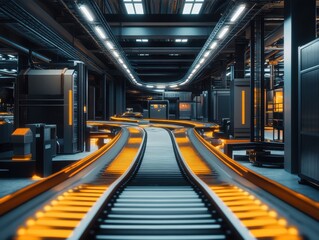 Obraz premium Futuristic Conveyor Belt System in Industrial Dark Facility