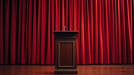 Podium with Microphone in Front of Red Curtain Ready for Speech or Presentation