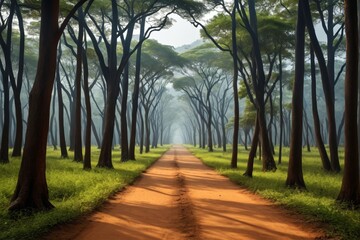 there is a dirt road that is surrounded by trees