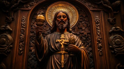 Fototapeta premium Intricate wooden carving of Jesus Christ, holding a cross and orb, set within an ornate church altar.