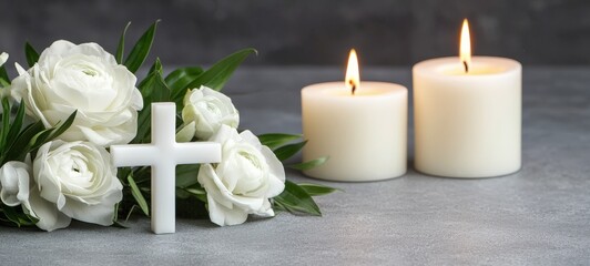 Memorial service setup with white flowers and candles indoor setting still life peaceful atmosphere