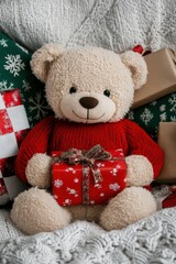 Cute teddy bear in red sweater with holiday gifts on cozy blanket